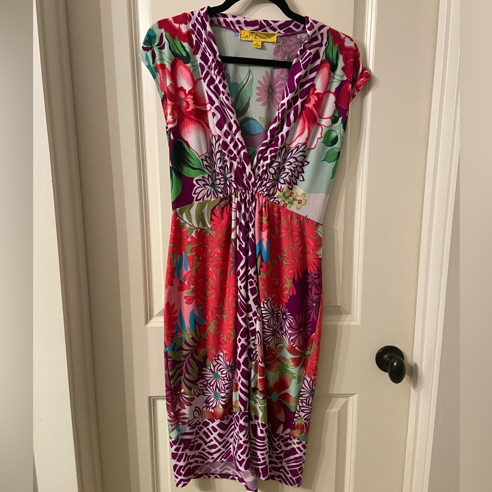 Unique floral and purple giraffe print dress